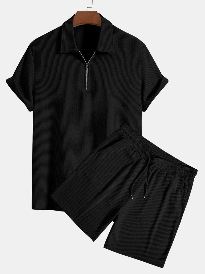 Knitted Ribbed Zip Polo & Shorts