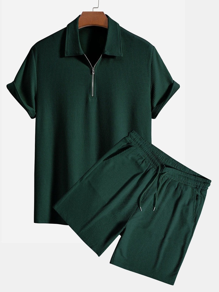 Knitted Ribbed Zip Polo & Shorts