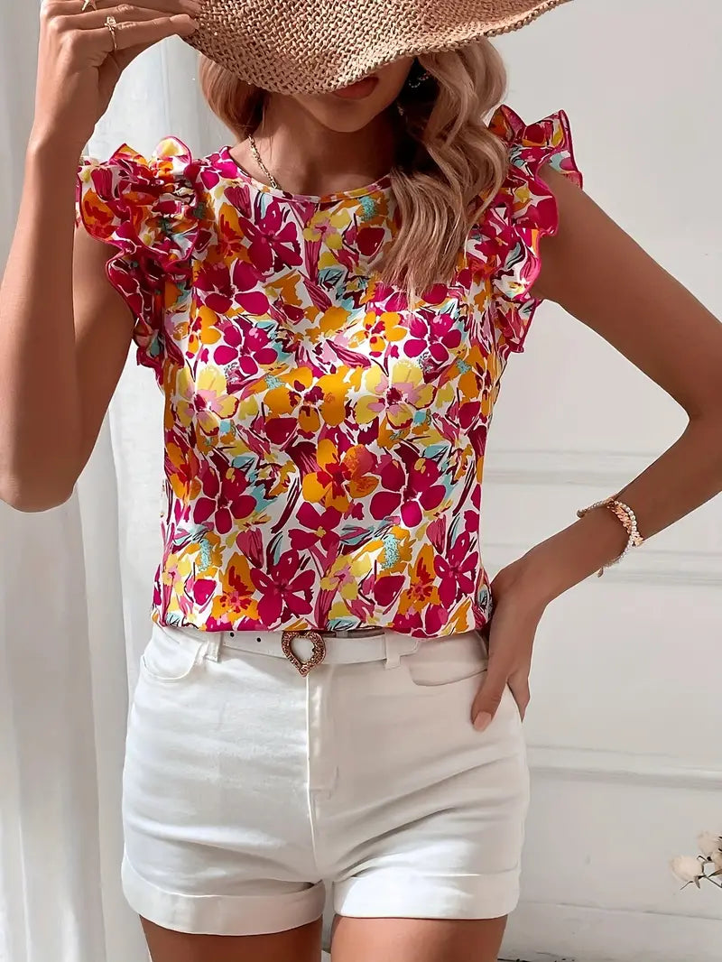 Chic Floral Print Blouse with Ruffled Details and Stylish Round Neckline