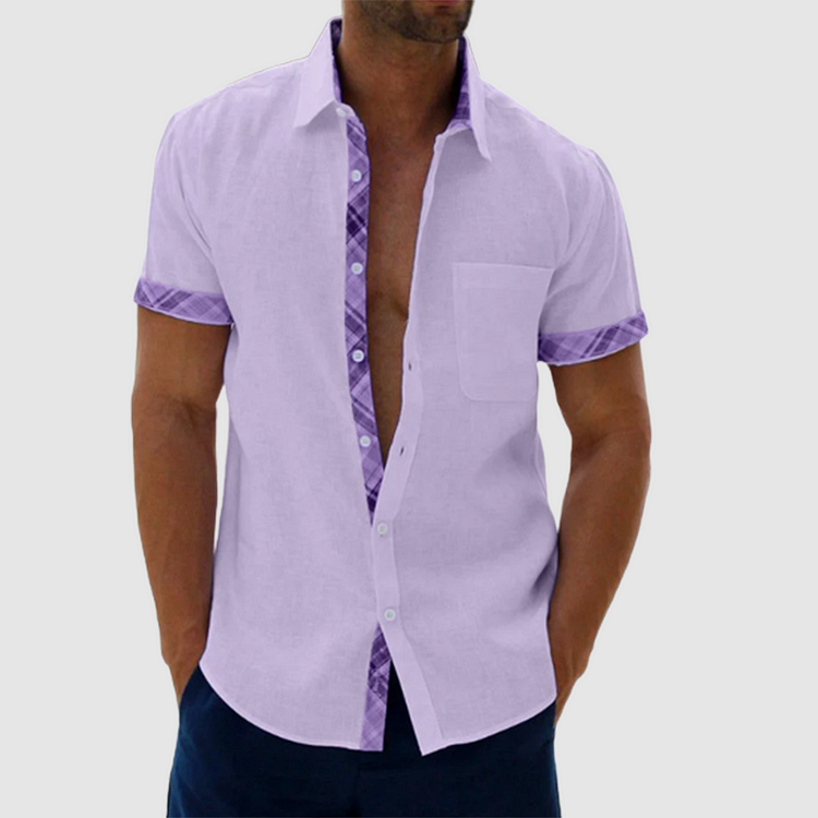 Chic Summery Linen Shirt Featuring a Stylish Checked Collar and Button Placket