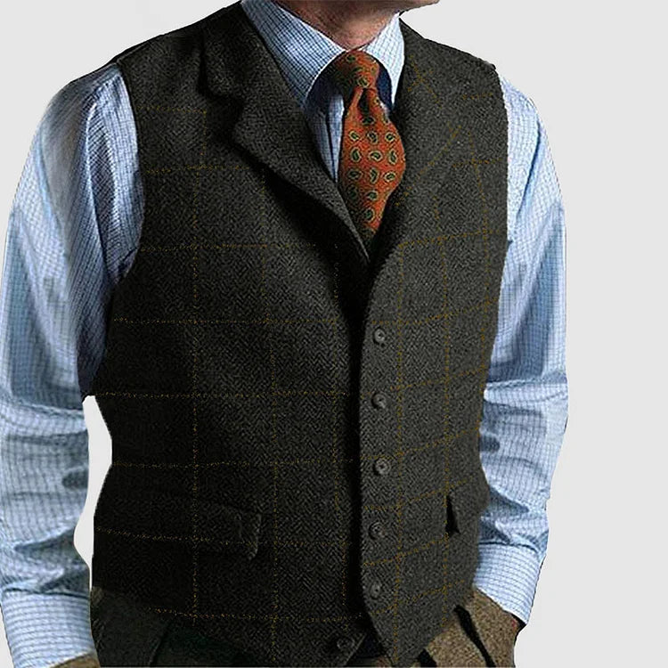 Chic Vintage-Style Checked Sleeveless Cardigan