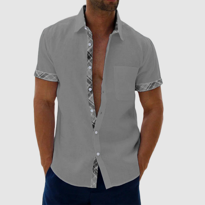 Chic Summery Linen Shirt Featuring a Stylish Checked Collar and Button Placket