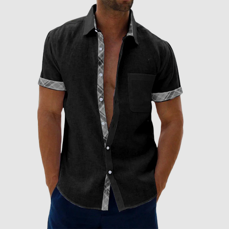 Chic Summery Linen Shirt Featuring a Stylish Checked Collar and Button Placket