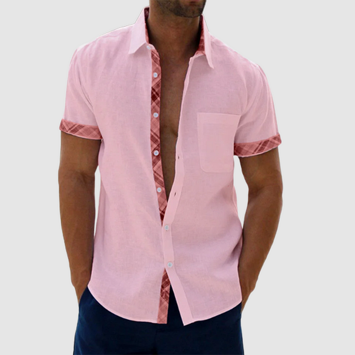 Chic Summery Linen Shirt Featuring a Stylish Checked Collar and Button Placket