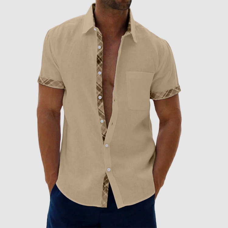 Chic Summery Linen Shirt Featuring a Stylish Checked Collar and Button Placket