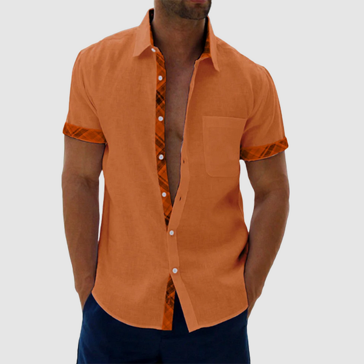 Chic Summery Linen Shirt Featuring a Stylish Checked Collar and Button Placket