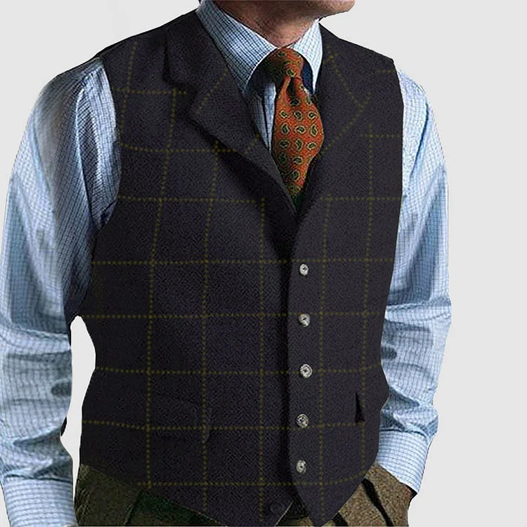 Chic Vintage-Style Checked Sleeveless Cardigan