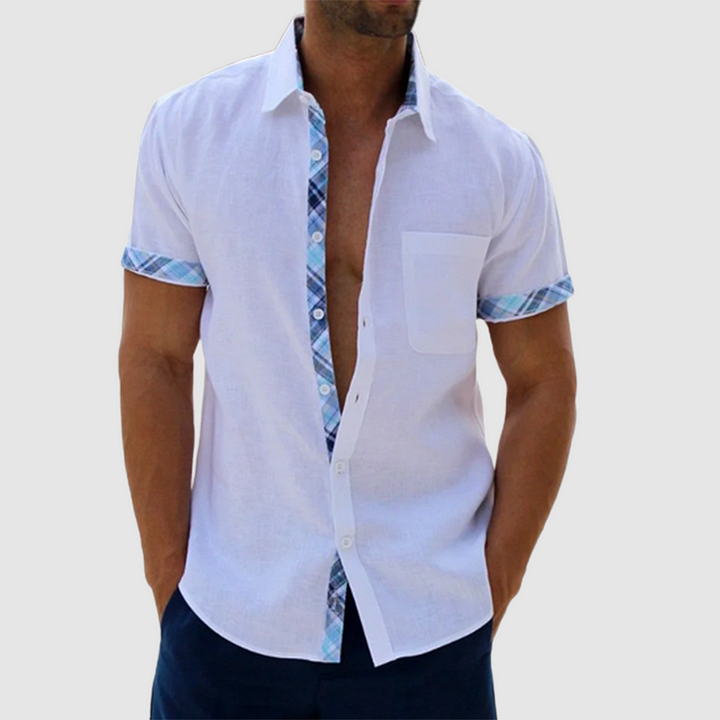 Chic Summery Linen Shirt Featuring a Stylish Checked Collar and Button Placket