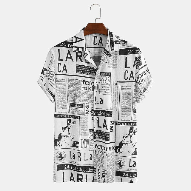 Stylish Newspaper Print Shirt with Chic Button Placket