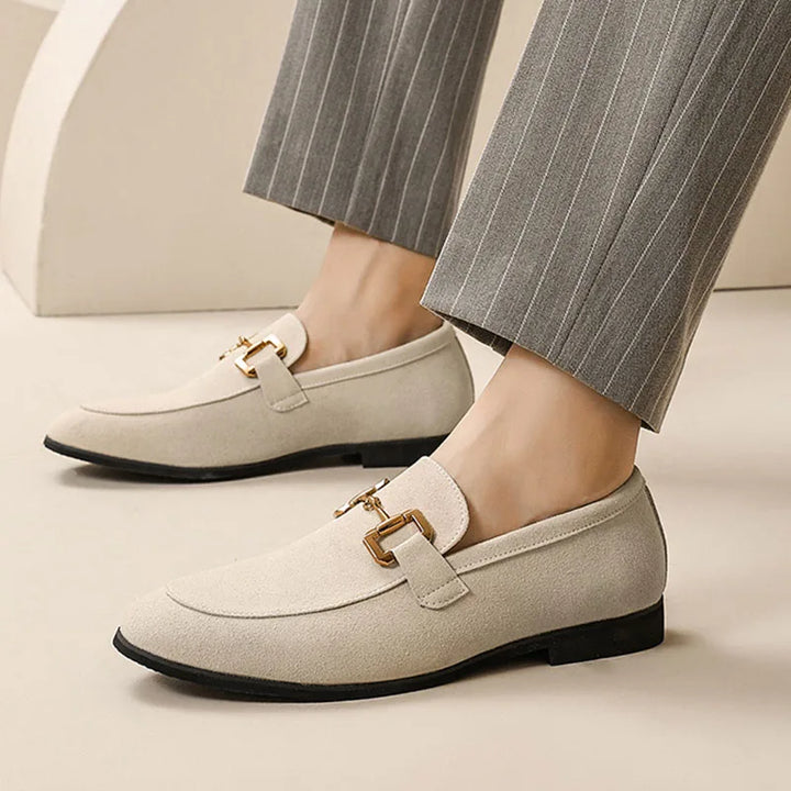 Suede loafer with metal buckle detail