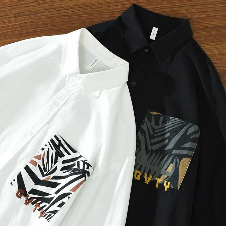 Chic White Shirt Featuring Stylish Zebra Print Pocket Detail