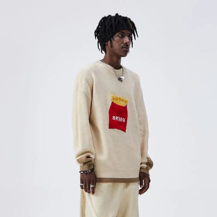 Cozy Knitted Sweater Featuring Fun Snack Patch Accents