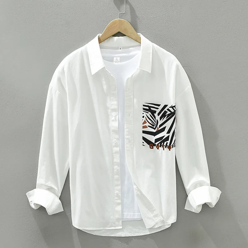 Chic White Shirt Featuring Stylish Zebra Print Pocket Detail