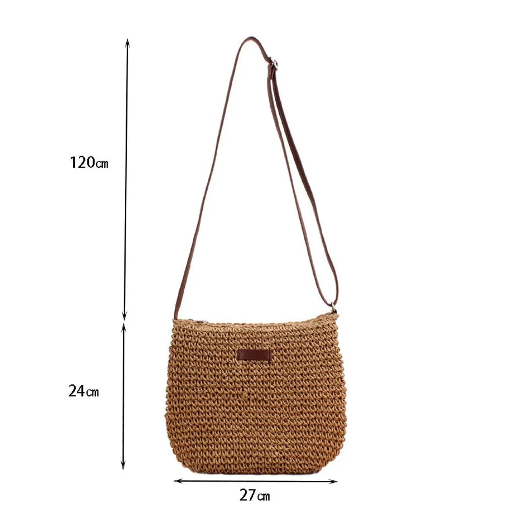 Women's casual straw knitted shoulder bag with inner zip pocket