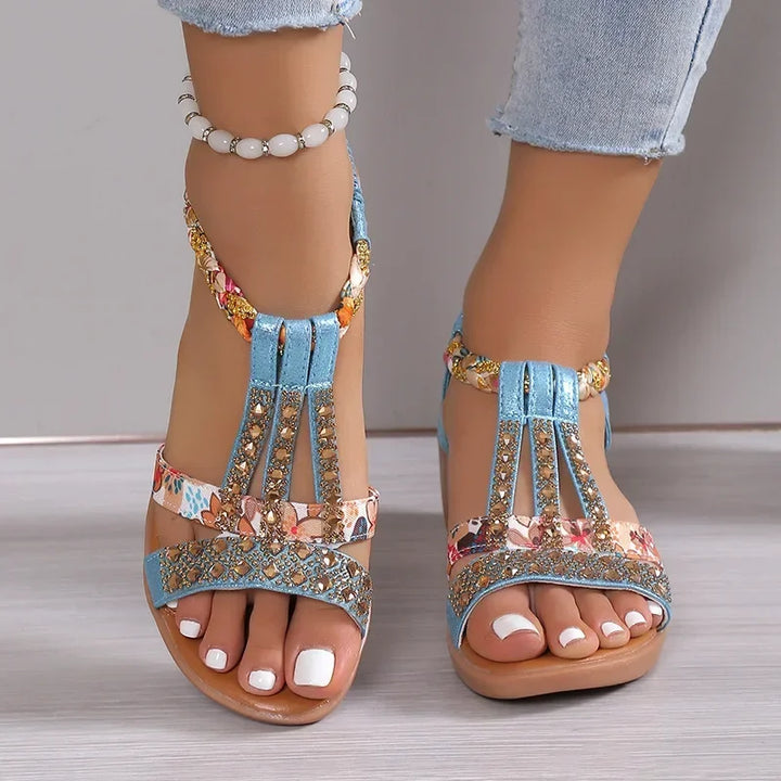 Wedge heel sandals with bohemian rhinestones