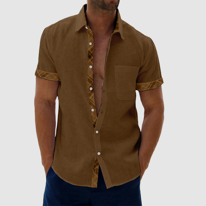 Chic Summery Linen Shirt Featuring a Stylish Checked Collar and Button Placket