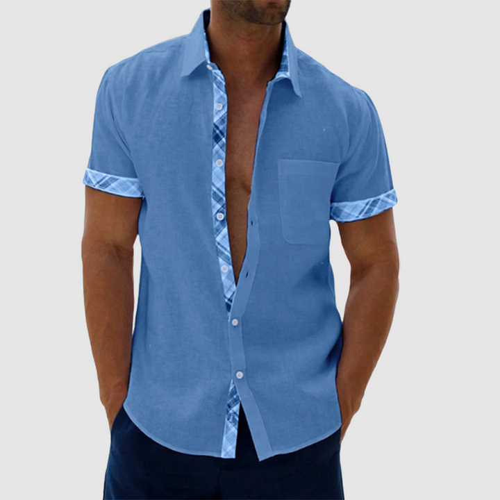 Chic Summery Linen Shirt Featuring a Stylish Checked Collar and Button Placket