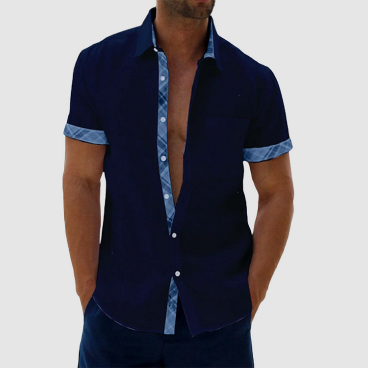 Chic Summery Linen Shirt Featuring a Stylish Checked Collar and Button Placket