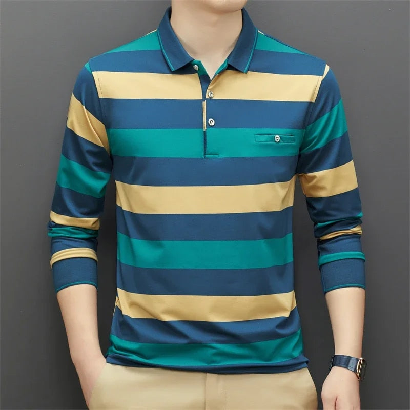 Stylish Men's Long Sleeve Color-Blocked Polo Shirt