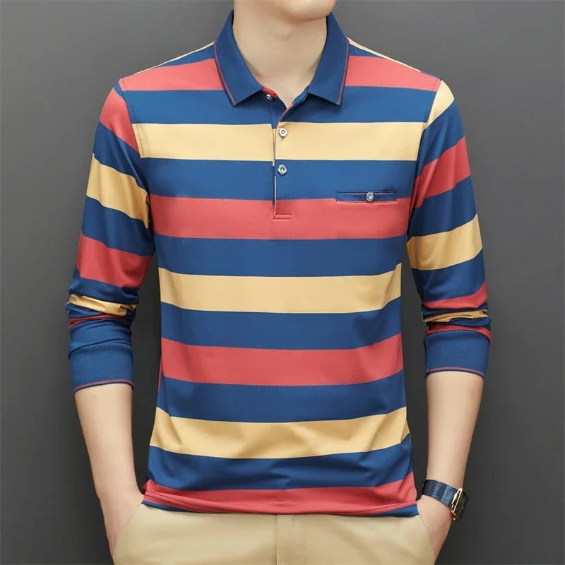 Stylish Men's Long Sleeve Color-Blocked Polo Shirt