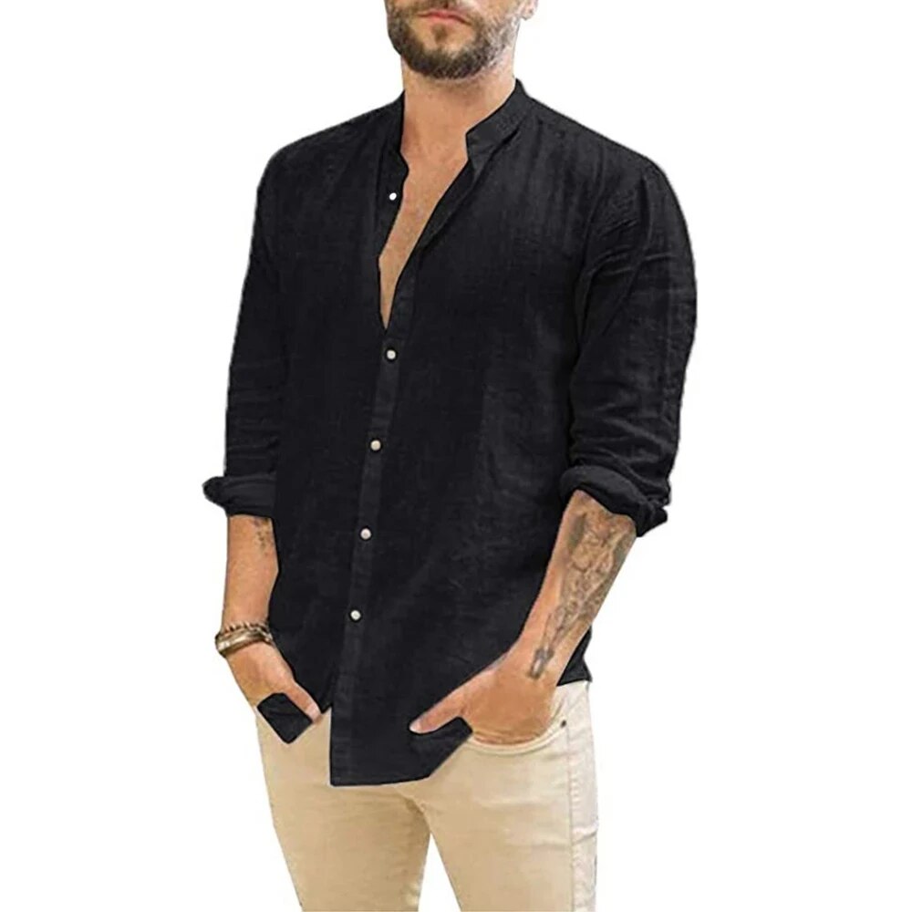 Elevate Your Style: Men's Long Sleeve Stand Collar Casual Shirt