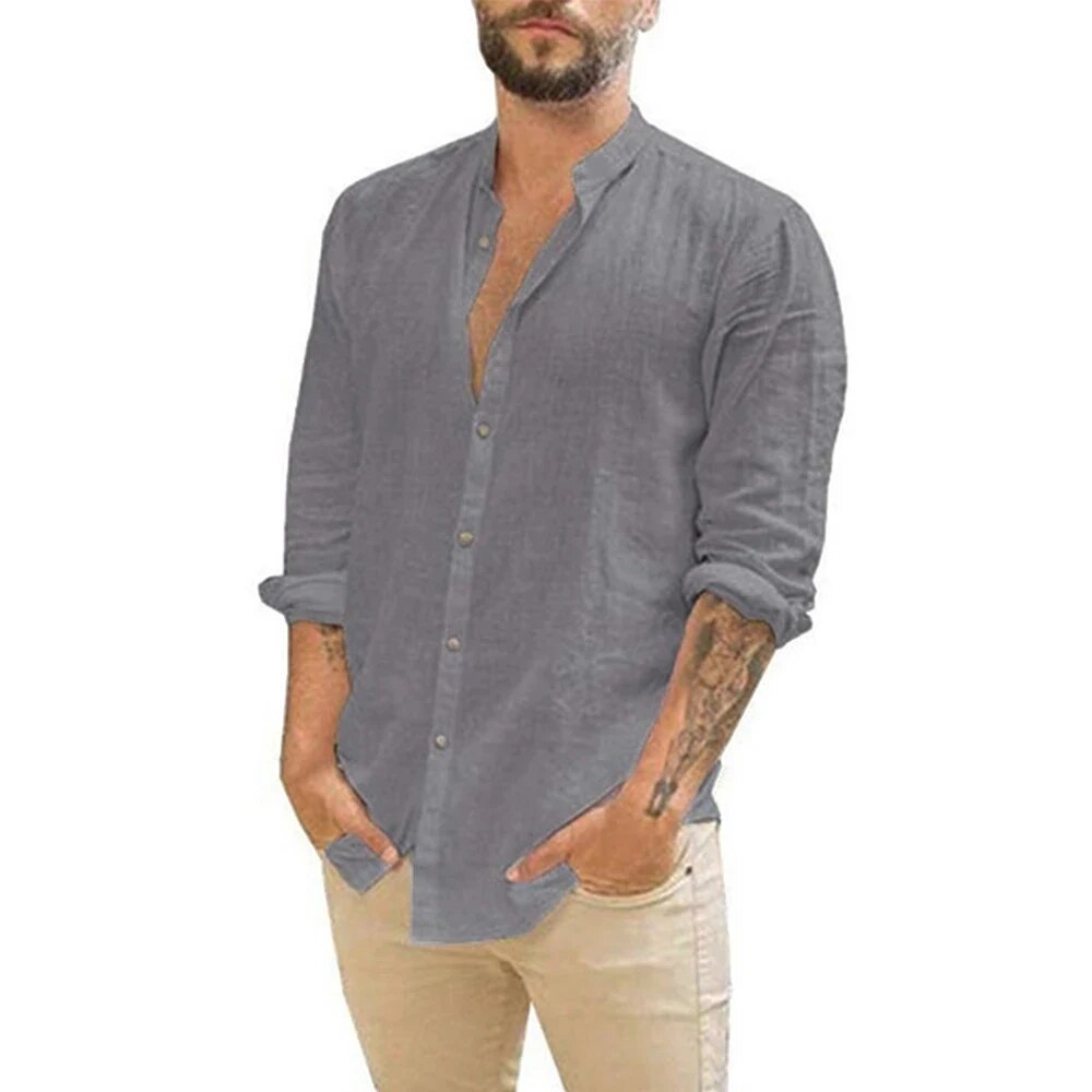 Elevate Your Style: Men's Long Sleeve Stand Collar Casual Shirt