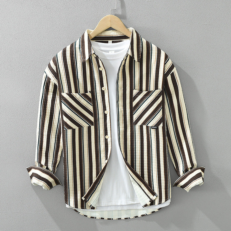 Elevate Your Style with a Men's Striped Long Sleeve Shirt Featuring a Trendy Burt-Up Collar