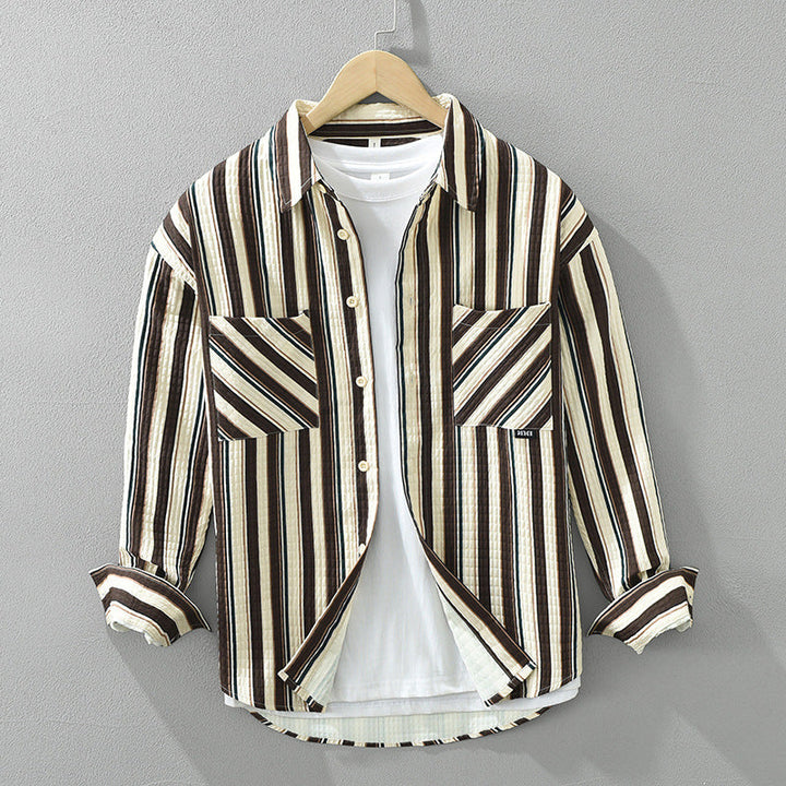 Elevate Your Style with a Men's Striped Long Sleeve Shirt Featuring a Trendy Burt-Up Collar