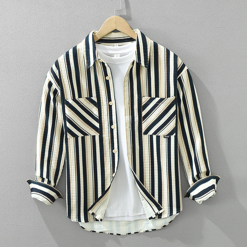 Elevate Your Style with a Men's Striped Long Sleeve Shirt Featuring a Trendy Burt-Up Collar