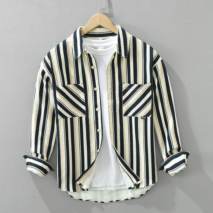Elevate Your Style with a Men's Striped Long Sleeve Shirt Featuring a Trendy Burt-Up Collar