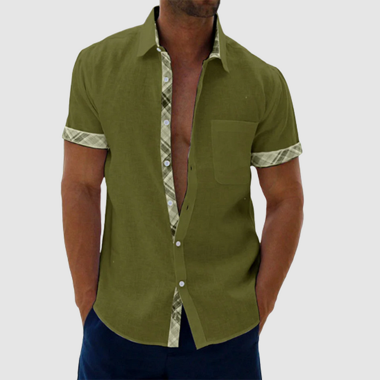 Chic Summery Linen Shirt Featuring a Stylish Checked Collar and Button Placket