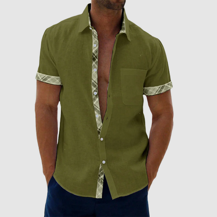 Chic Summery Linen Shirt Featuring a Stylish Checked Collar and Button Placket