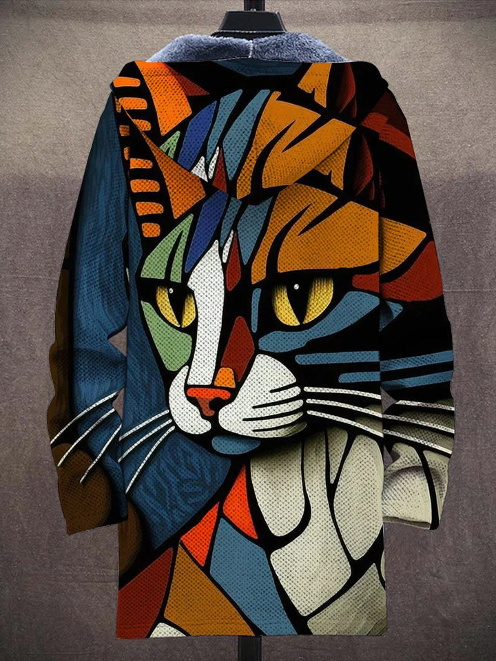 Garfi - Manteau Cardigan Unisexe en Peluche Longue Manche avec Étonnant Imprimé de Chats Art Abstrait