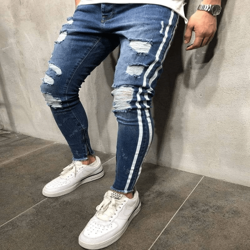 White Side Stripes Ripped Jeans